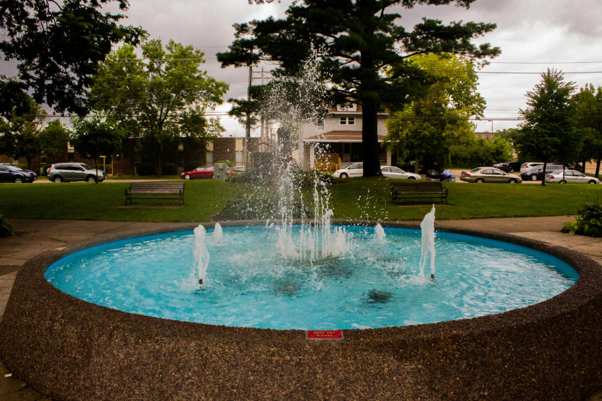 Wilson Park Fountain - 1990's Shows an above ground circular holding area with small, natural looking rocks on the outside. Mediums sized water spray in center flanked by four smaller sprays