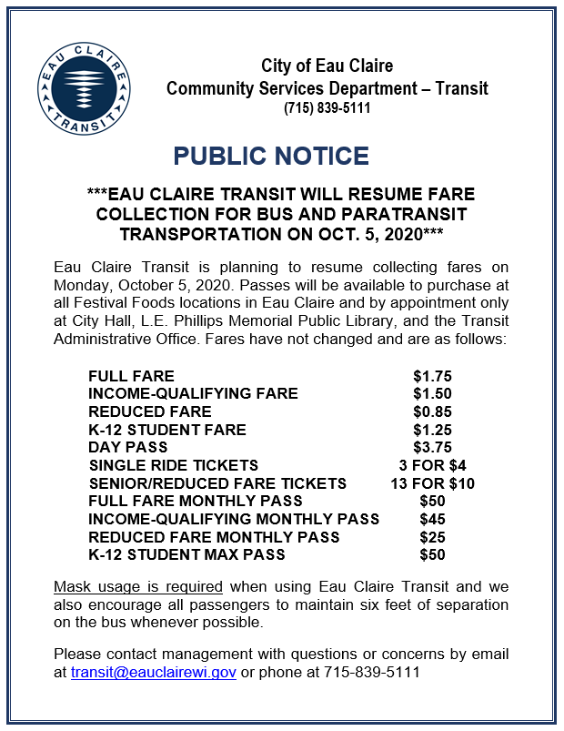 EAU CLAIRE TRANSIT WILL RESUME FARE COLLECTION FOR BUS AND PARATRANSIT TRANSPORTATION ON OCT. 5, 2020