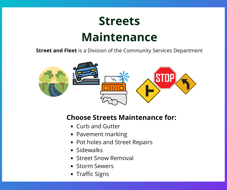 Streets Maintenance.  Street and Fleet is a Division of the Community Services Department. Choose Streets Maintenance for: Curb and Gutter, Pavement marking, Pot holes and Street Repairs, Sidewalks, Storm Sewers, Traffic Signs.