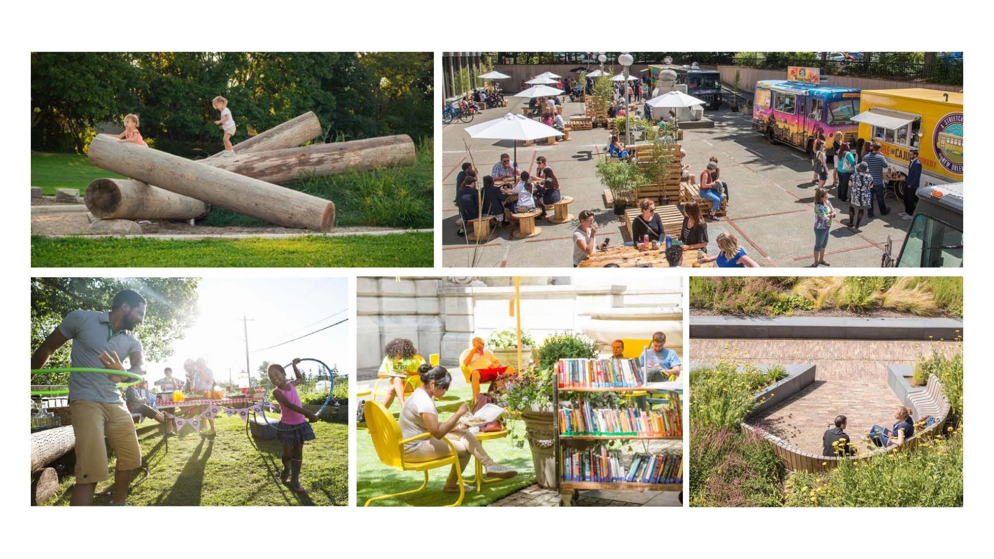 Several photos of people and children engaging in outdoor activities such as reading, a festival, hula hooping and sitting in a circular structure