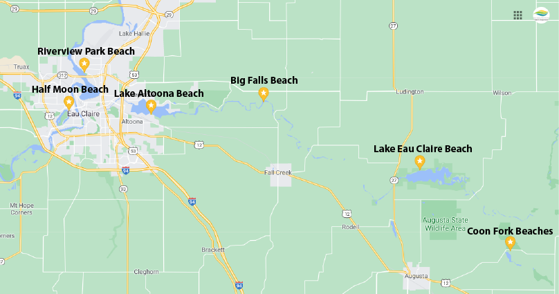 Map that shows beaches tested by Eau Claire Health Department