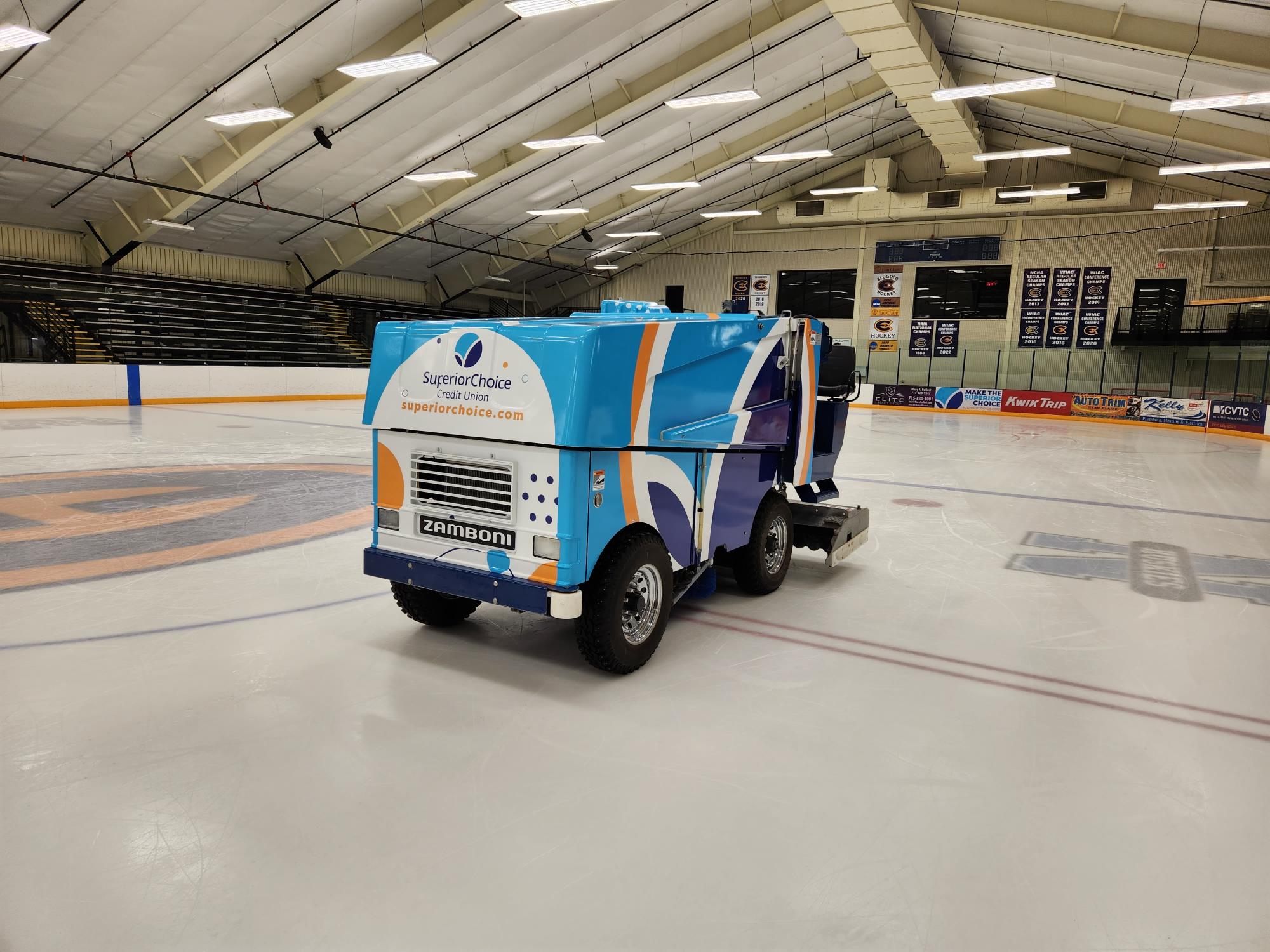 Photo of Zamboni with Superior Choice Credit Union advertisement