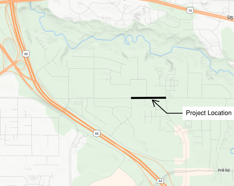 E. Hamilton Project Location Map showing location in relation to Business 53, Highway AA, US Highway 12, Prill Road